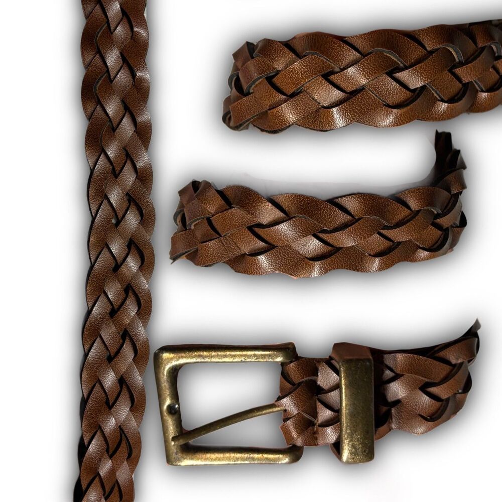 Braided brown faux leather adjustable belt with brass hardware 39"